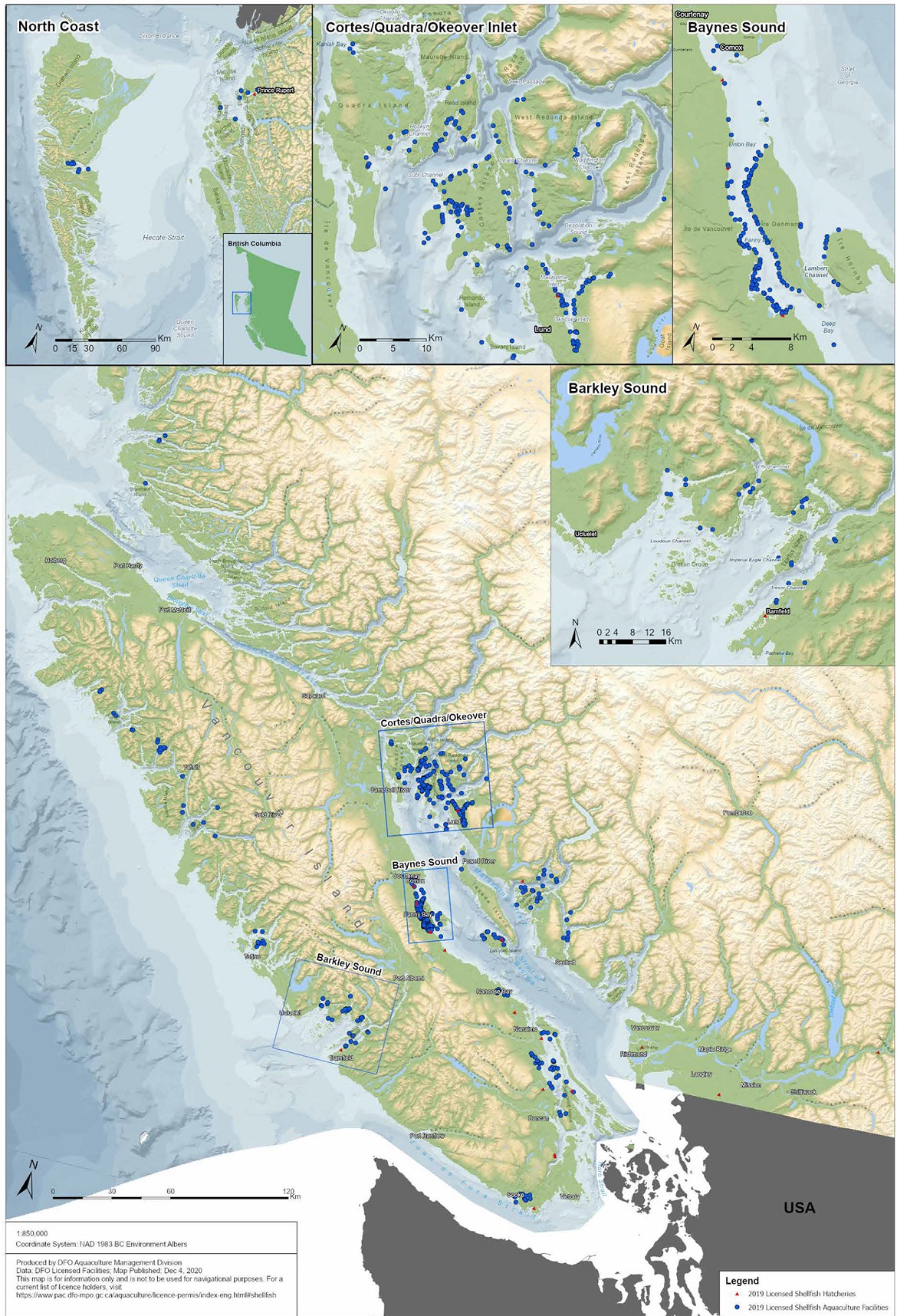 Map of shellfish aquaculture facilities in British Columbia, 2019