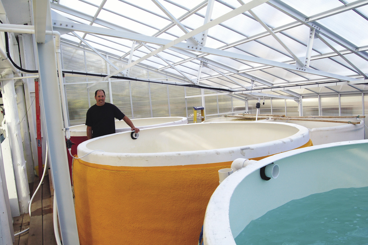 Grant Hunt and the mussel larvae rearing tanks