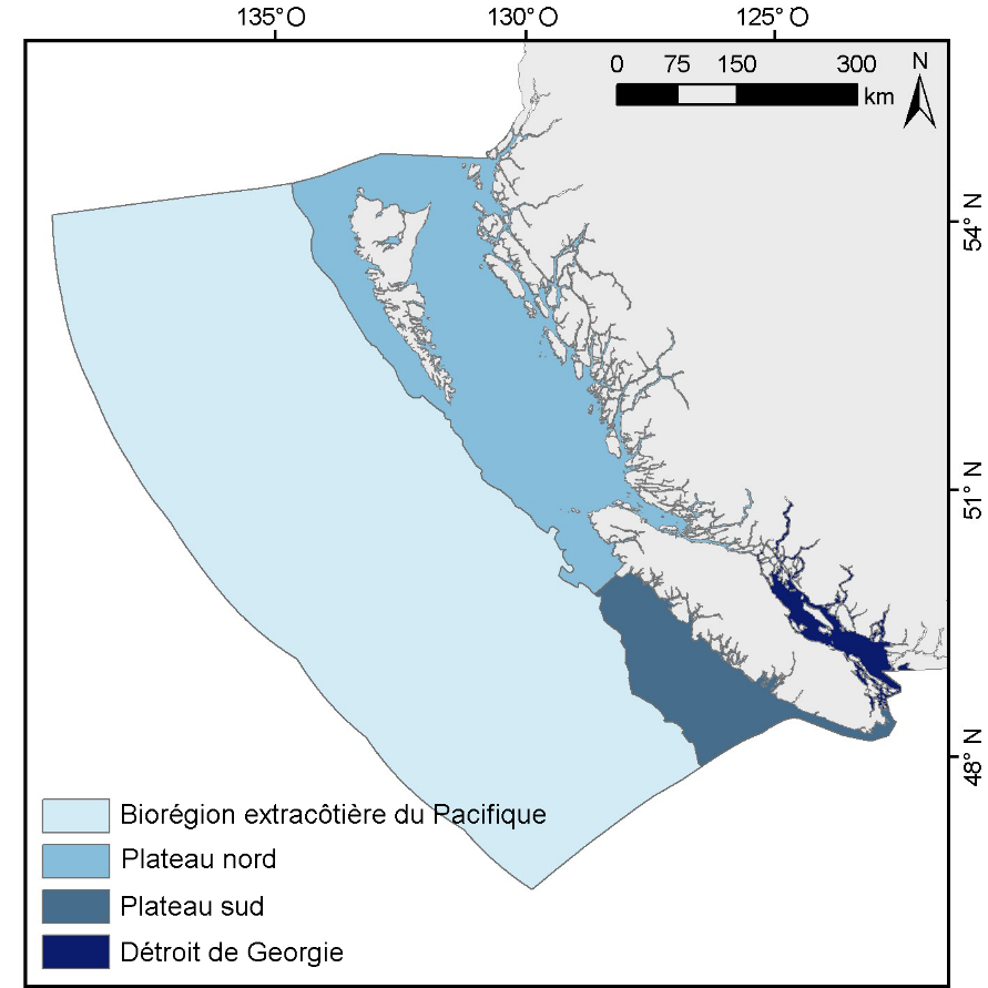 Biorégion extracôtière du Pacifique, Plateau nord, Plateau sud et Détroit de Georgie sont les biorégions de la région du Pacifique du Canada.