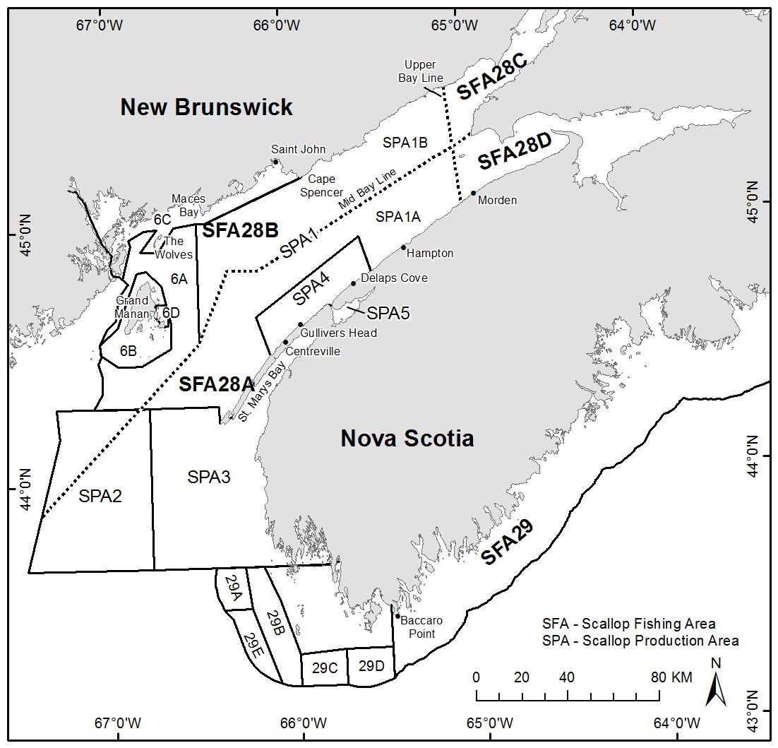 Map of Bay of Fundy Scallop Fishing Areas (SFAs) and Scallop Production Areas (SPAs)