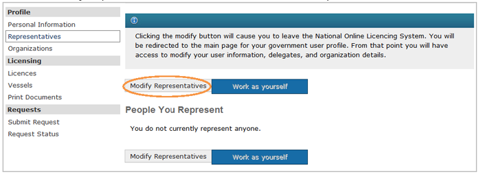 This is an image of Representatives screen, where the Modify Representatives button is circled in orang