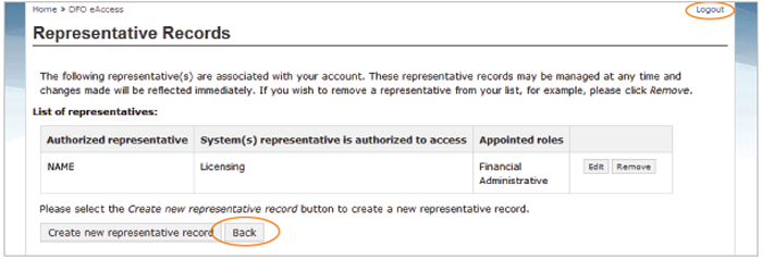 This is an image of the Representative Records screen, where the Logout and Back button are circled in orange