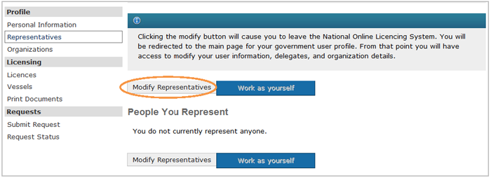 This is an image of Representatives section, where the Modify Representatives button is circled in orange