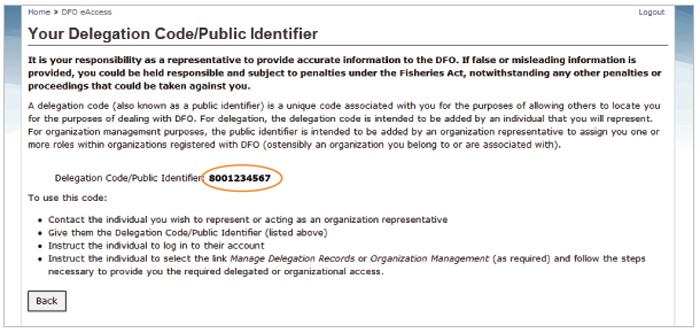 This is an image of the Your Delegation Code/Public Identifier screen, where the Delegation Code/Public Identifier number is circled in orange