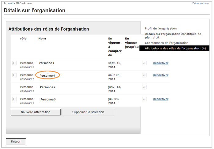 Cette image présente l'écran « Détails sur l'organisation », dans lequel la nouvelle personne-ressource est encerclée d'un trait orange