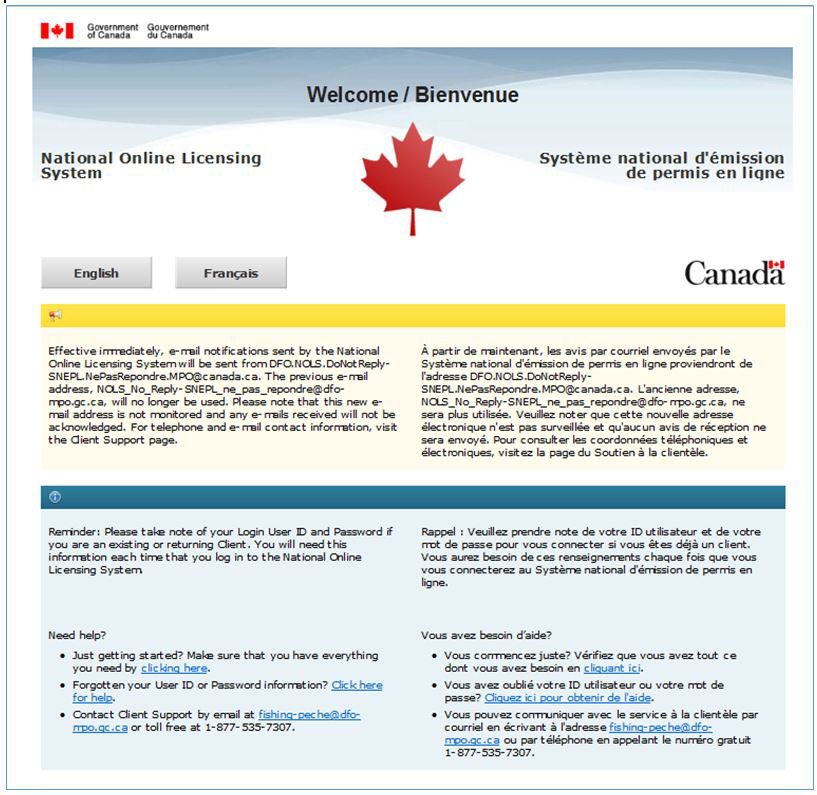 Image of the National Online Licensing System Welcome page