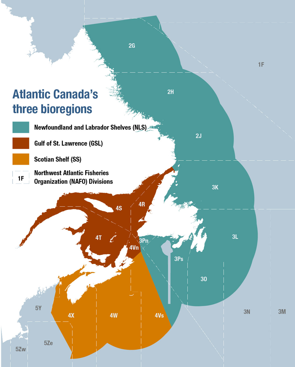 A map of Atlantic Canada's three bioregions.