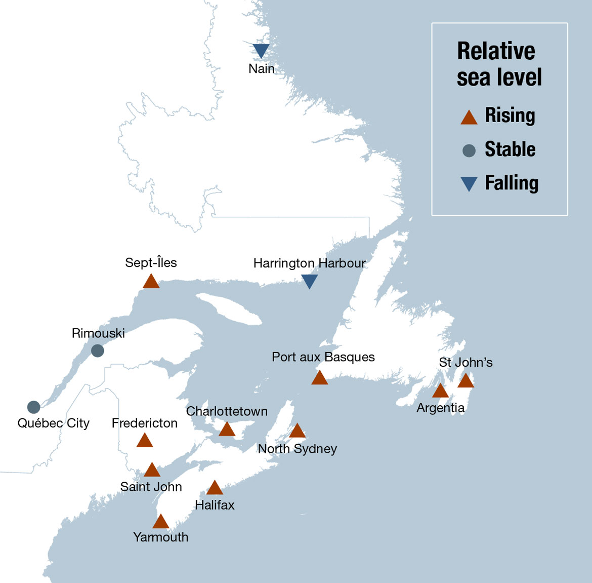 Map illustrating the relative sea level change across Atlantic Canada. Text version below.