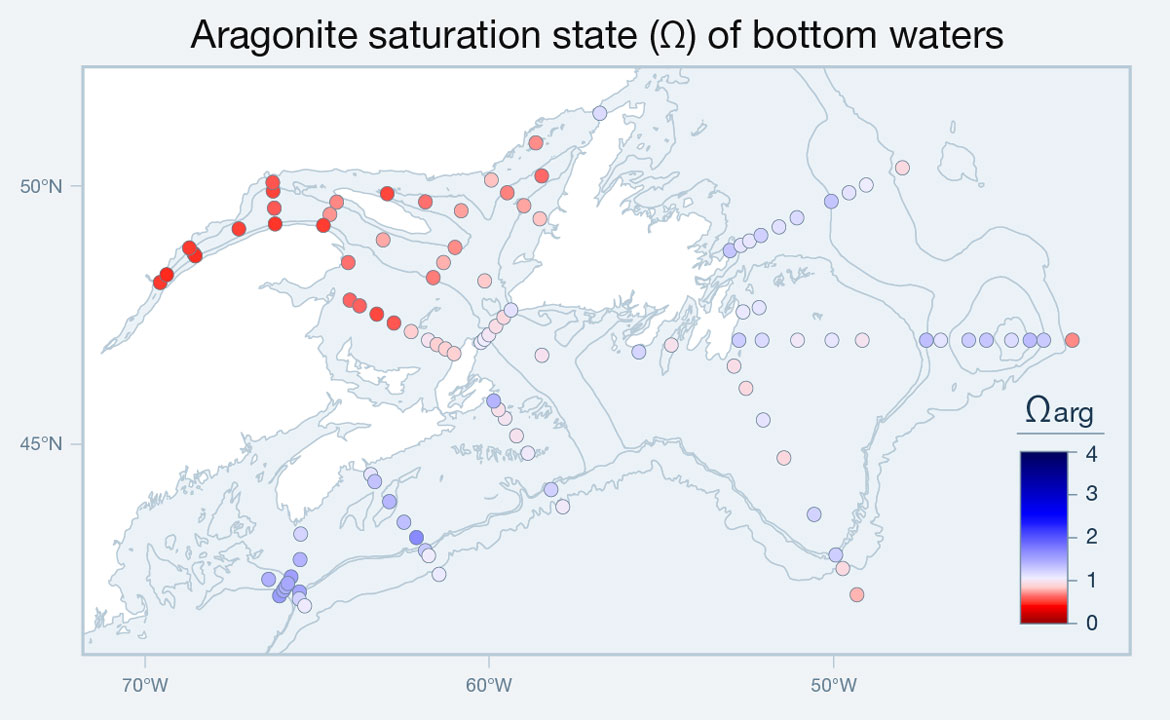 Map illustrating aragonite saturation state of Atlantic Canadian bottom waters in 2020. Text version below.