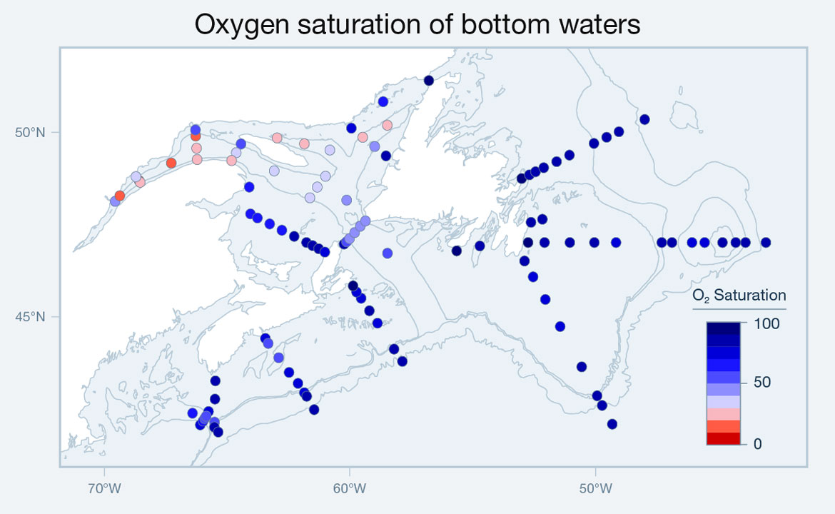 Map illustrating dissolved oxygen saturation of Atlantic Canadian bottom waters in 2020. Text version below.