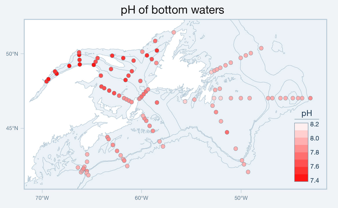 Map illustrating the pH of Atlantic Canadian bottom waters in 2020. Text version below.