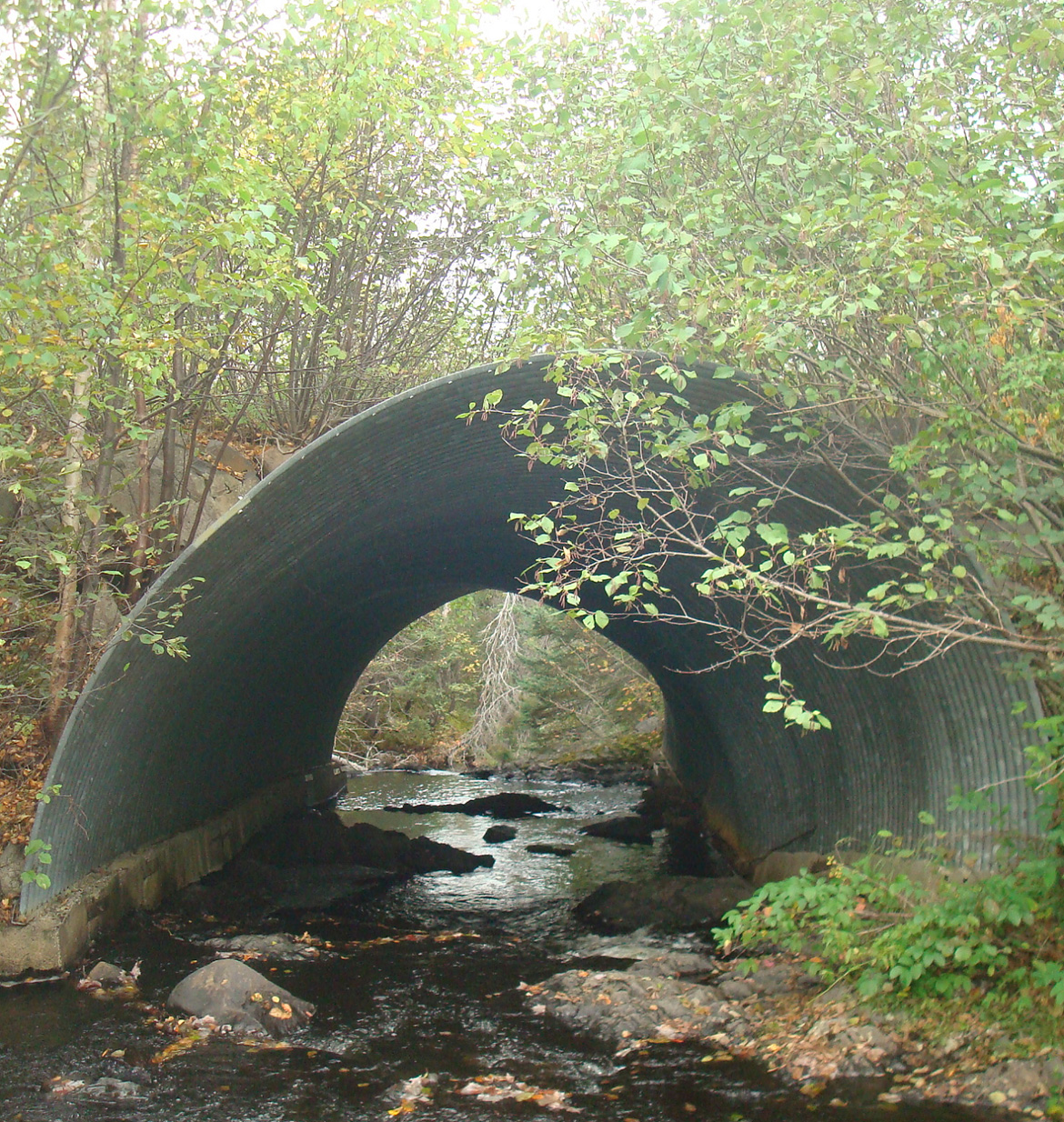 A culvert in good condition. A steel arch over a flowing stream.