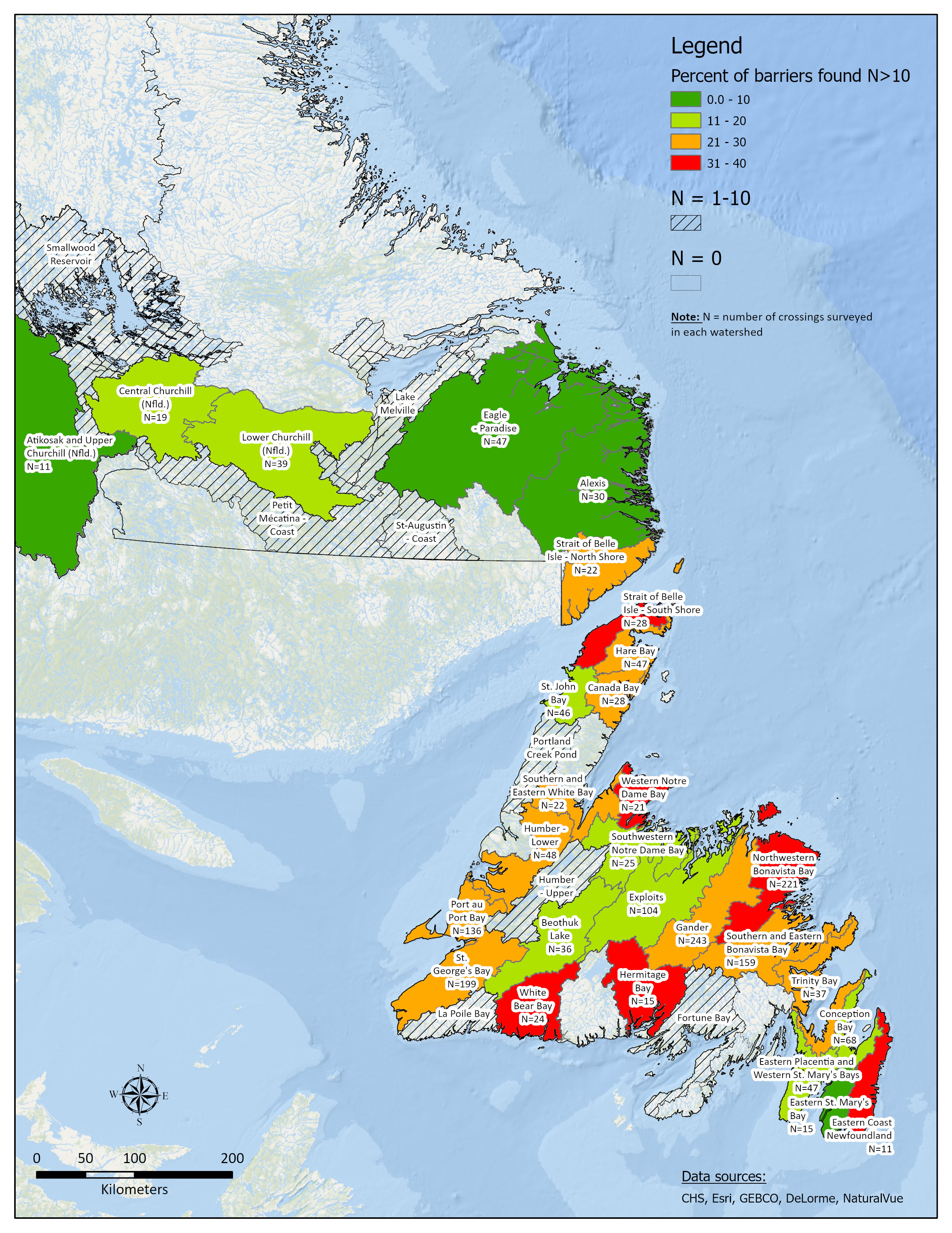 Map showing barrier assessment of crossings for the Island of Newfoundland (e.g. barrier percent and number of surveys), by National Hydrographic Network watershed.