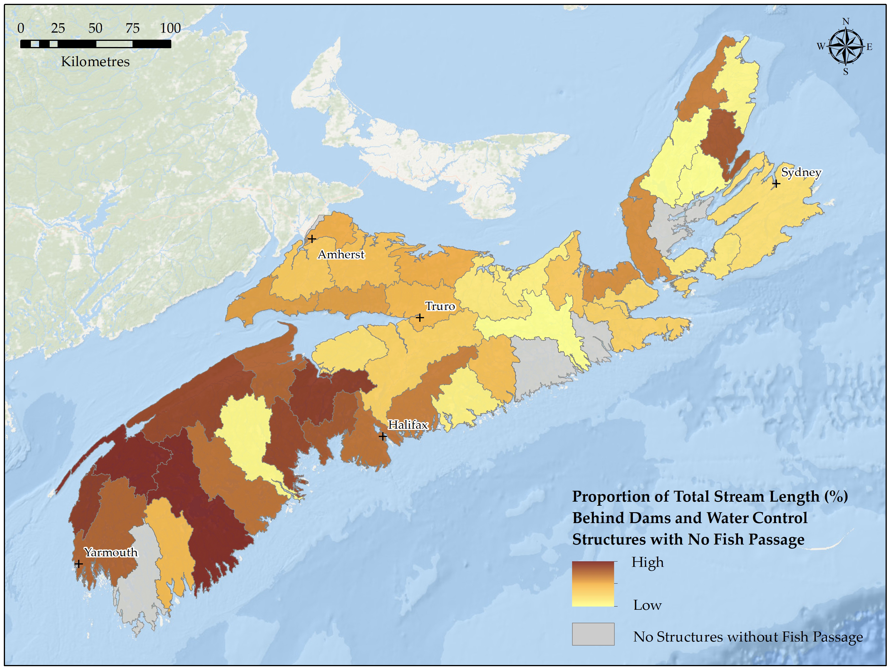 A map of Nova Scotia shows watersheds categorized by the proportion of stream length that is inaccessible to migratory fish due to dams or other water control structures without upstream fish passage. Text version below.