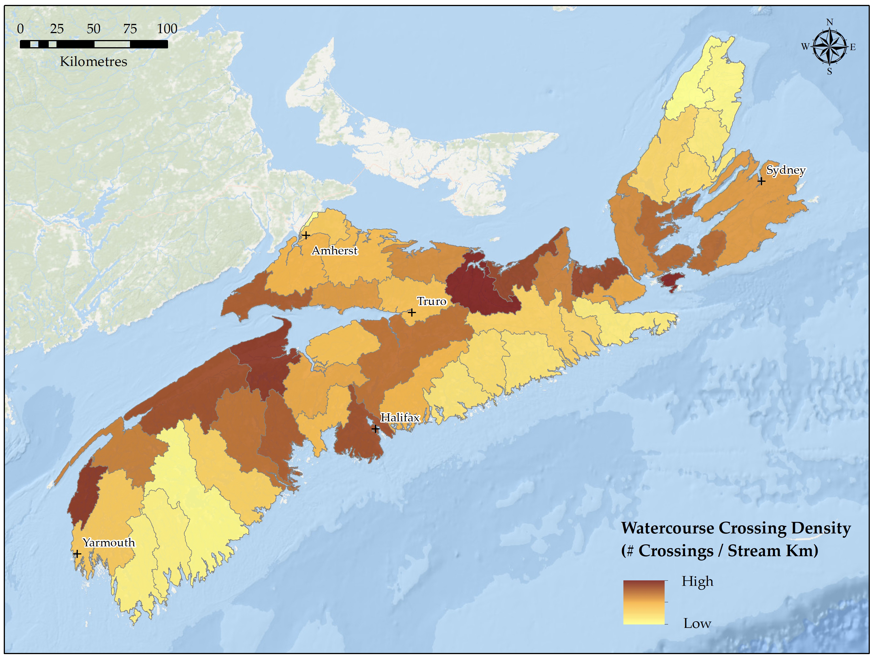 A map of Nova Scotia shows watersheds categorized by watercourse crossing density, or the number of stream crossings divided by the total stream length (km). Text version below.
