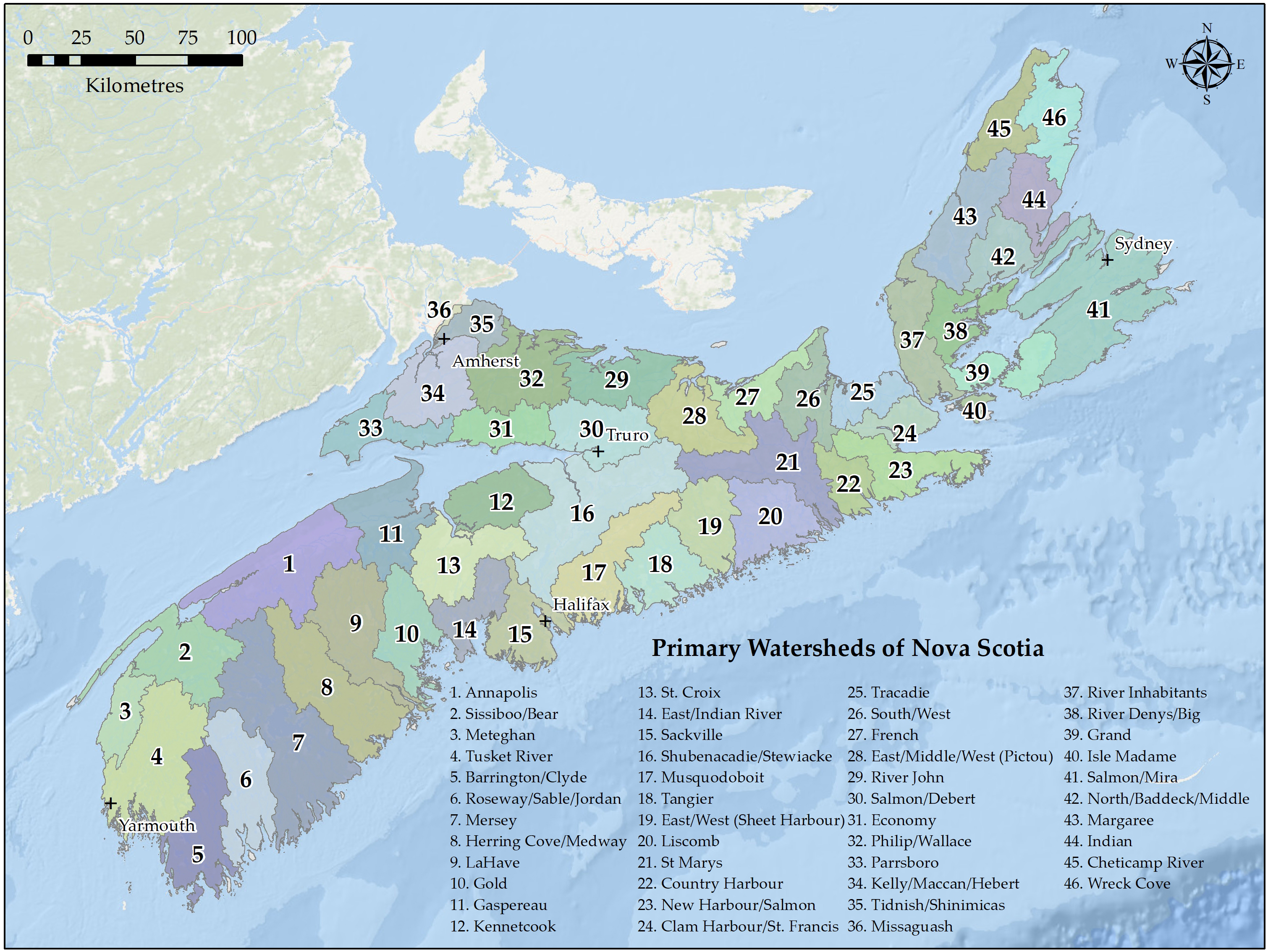 The map displays the geographic distribution of the 46 primary watersheds in Nova Scotia. Text version below.