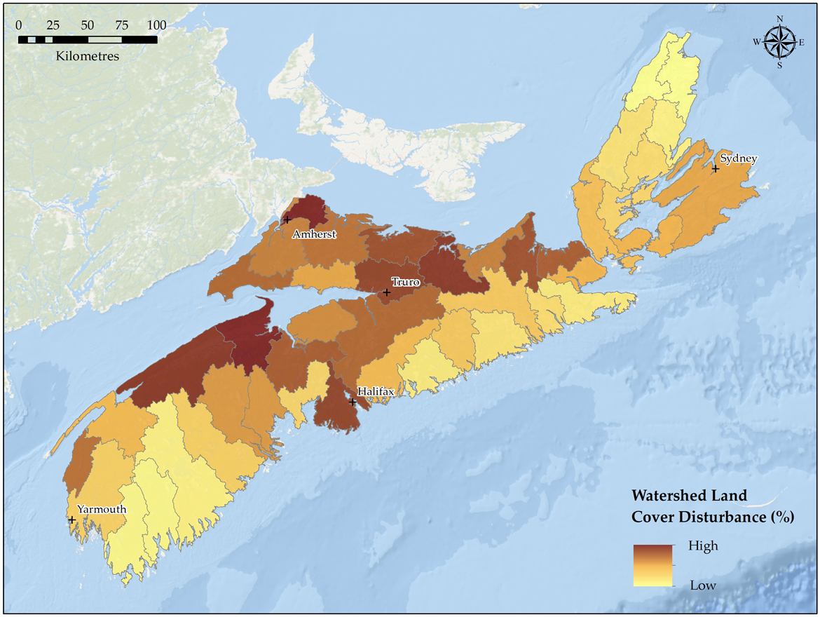 Map showing the disturbance of land across watersheds in Nova Scotia from high to low areas of disturbance. Text version below.