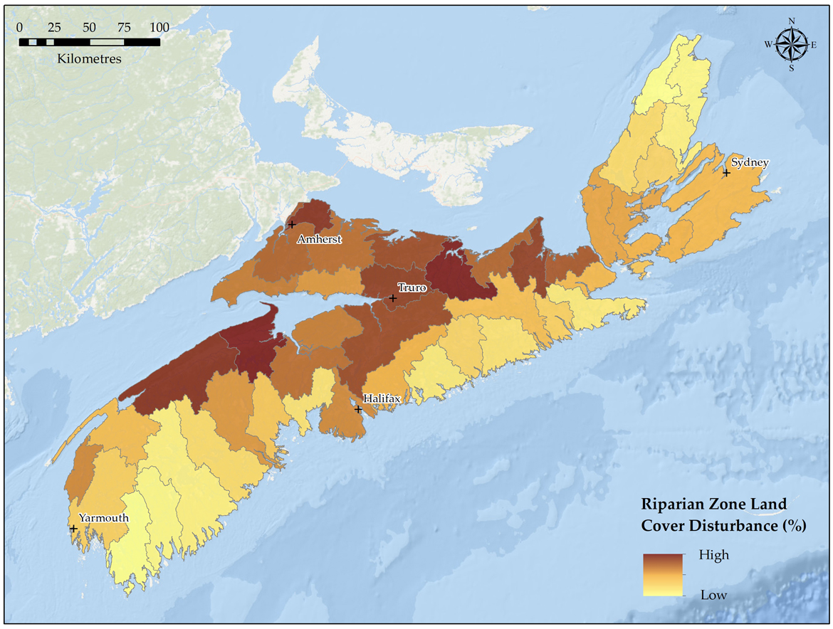 Map showing land disturbance in Nova Scotia by riparian zone. Text version below.