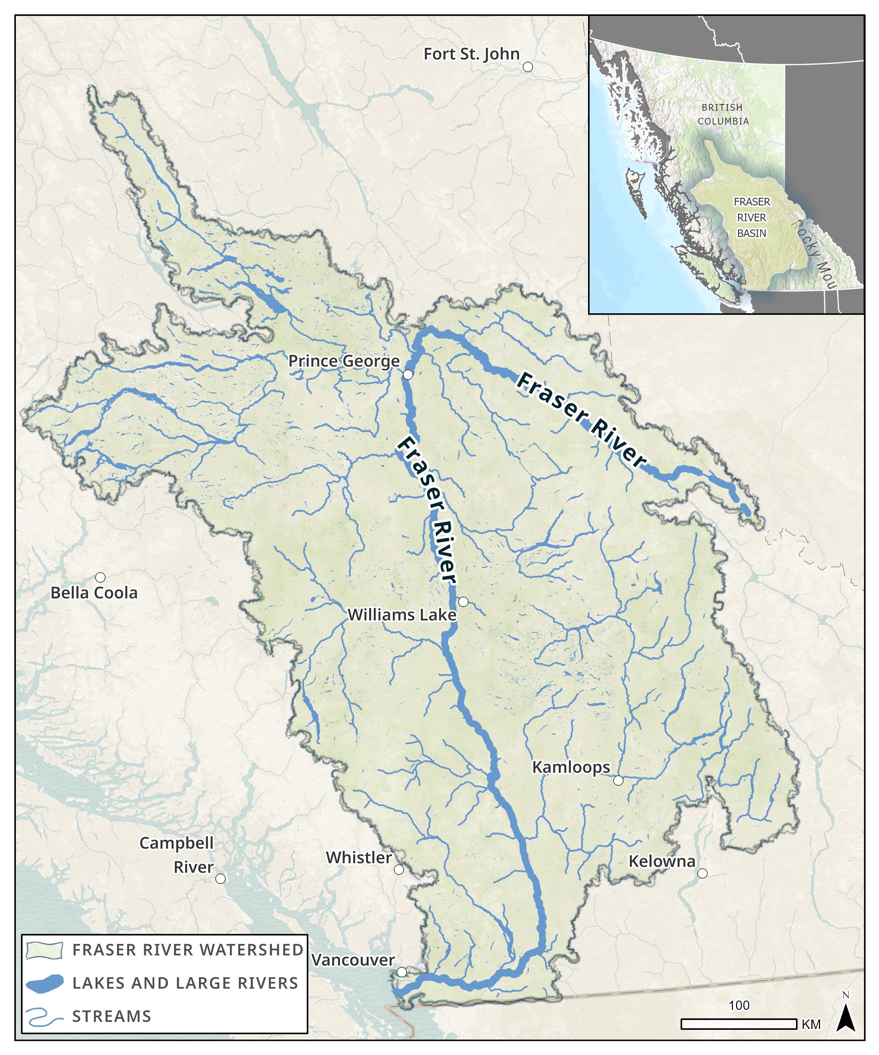 Map of the Fraser River. It is part of the Fraser River Basin, which spans much of southern BC. This map shows its source, tributaries, and the population centres in BC, Canada.