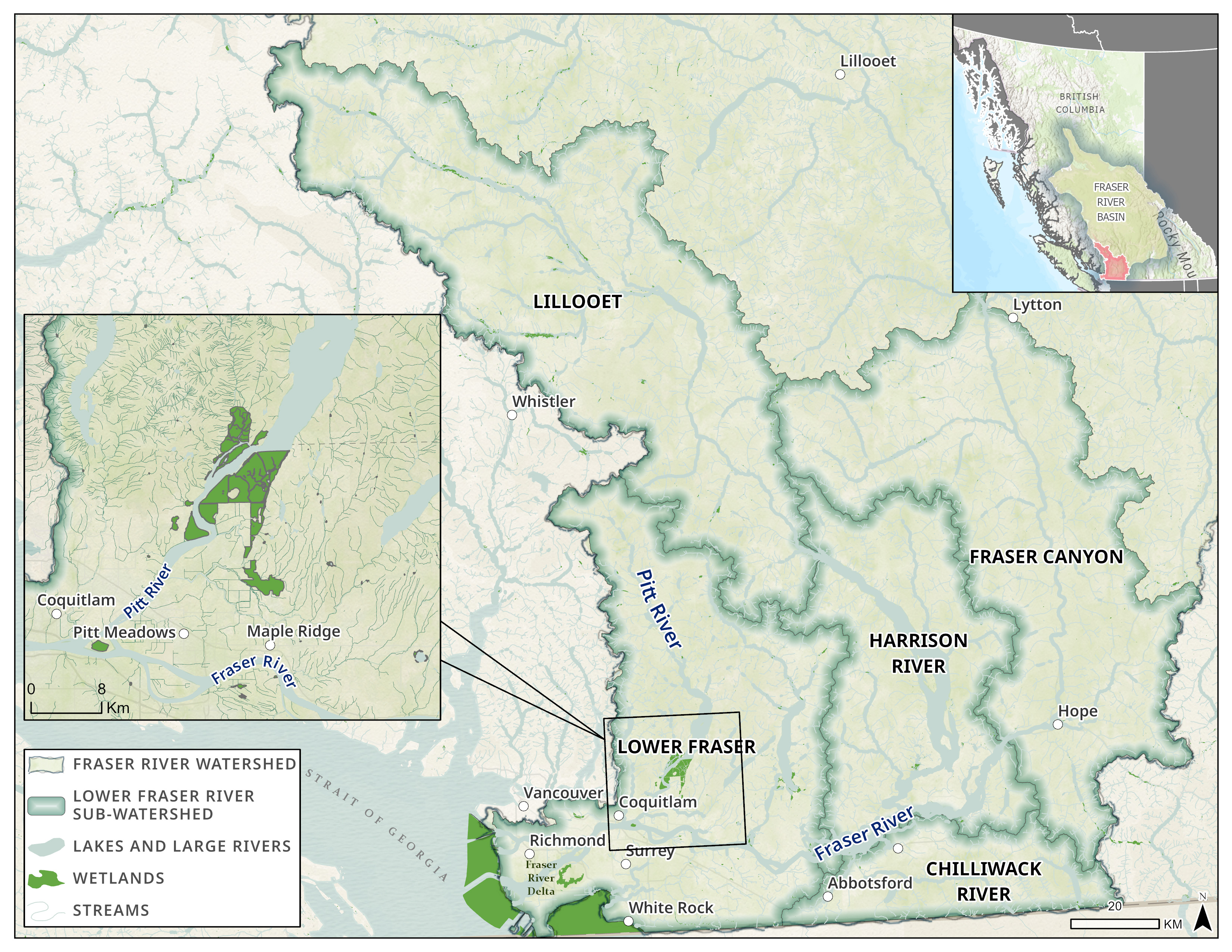 Map showing sub-watersheds of the Lower Fraser: Lower Fraser (southwest), Chilliwack River (south), Harrison River (central), Lillooet (north), and Fraser Canyon (east).