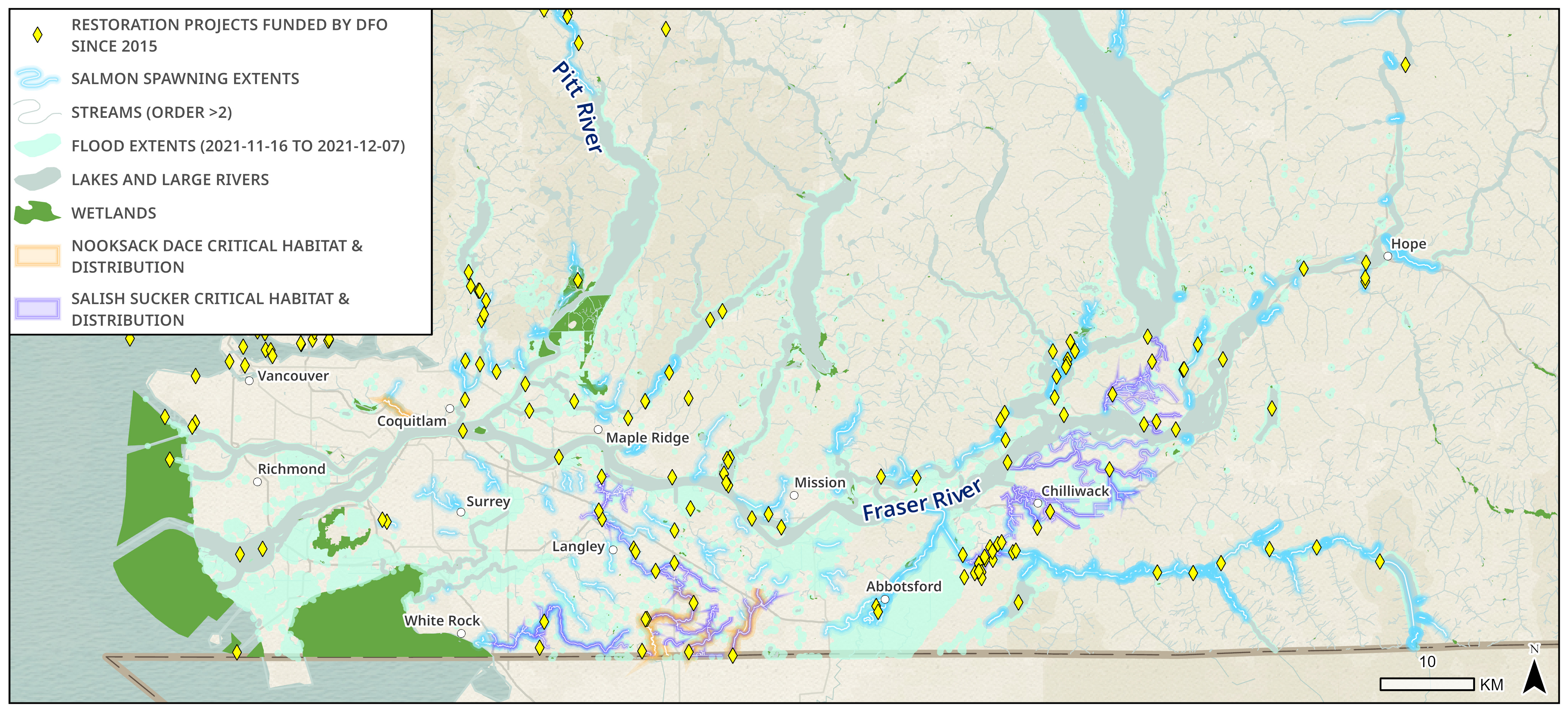 Map showing flooded areas in the Lower Fraser region in relation to restoration sites, salmon spawning extents, and important habitat for fish.