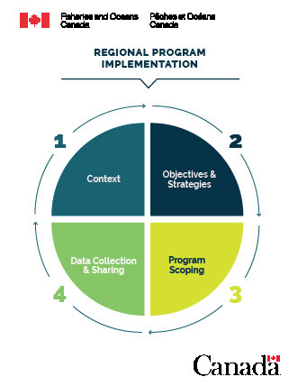 The 4 phases that make up regional program implementation are represented by a circular diagram separated into 4 quarters, each with a colour and number to indicate in which order it occurs: 1.	blue: Context 2.	dark blue: Objectives and Strategies 3.	light green: Program Scoping. green: Data Collection and Sharing.