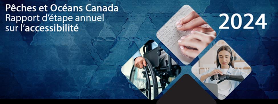 Couverture du rapport d'étape annuel de Pêches et Océans Canada sur l'accessibilité 2024. Encart : une personne utilisant un fauteuil roulant, le bout des doigts d'une personne lisant du braille et une personne levant un bras prothétique.