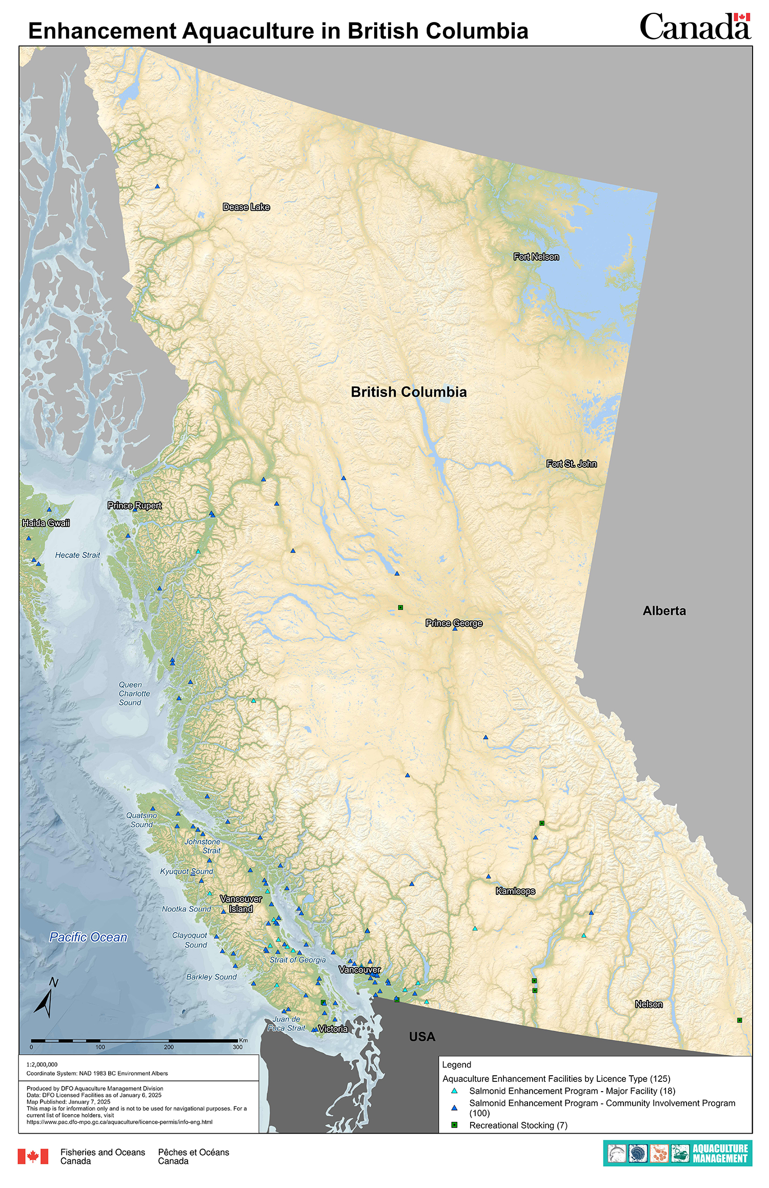 Map of enhancement  aquaculture in BC