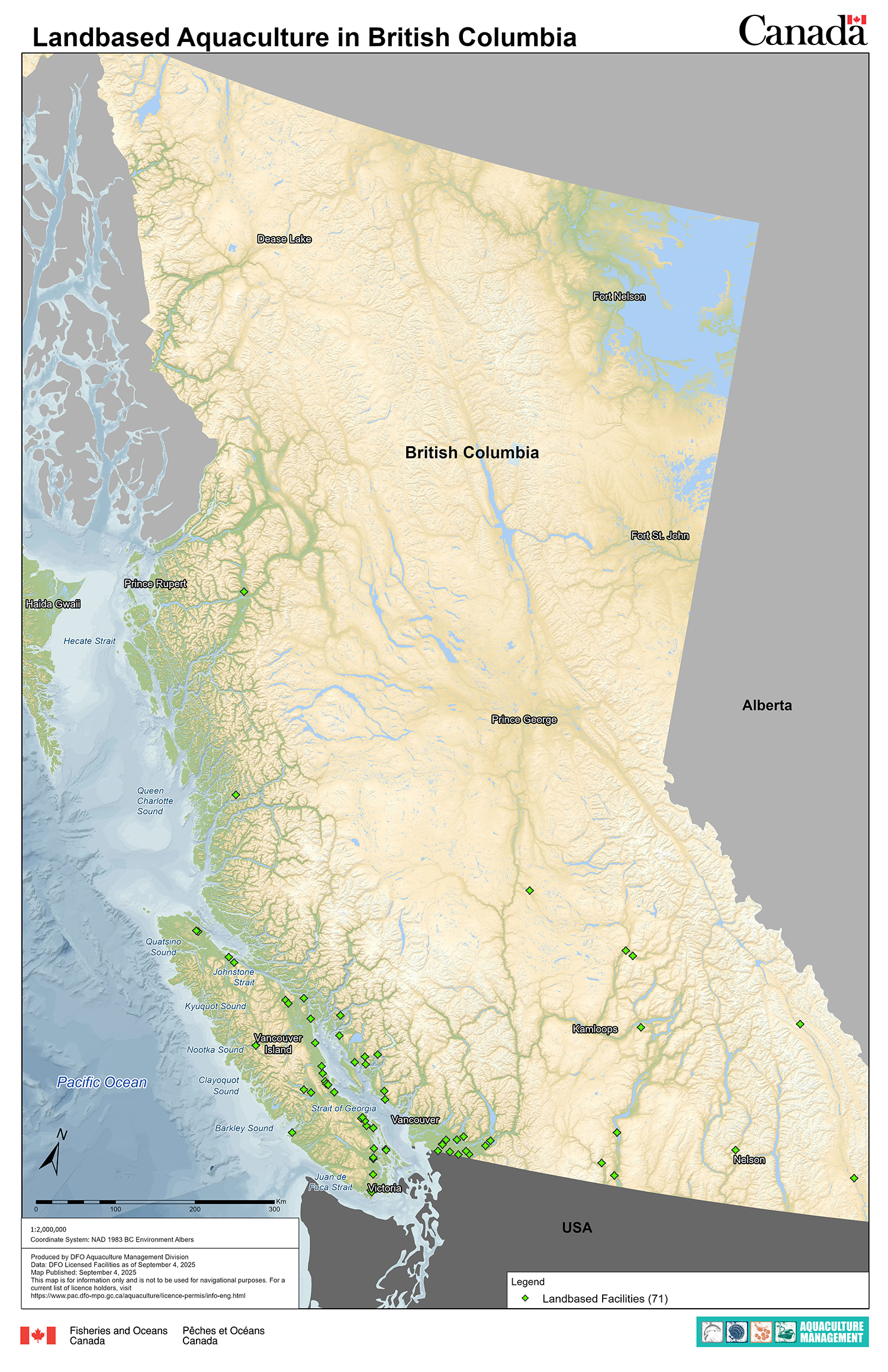 Map of landbased aquaculture in BC