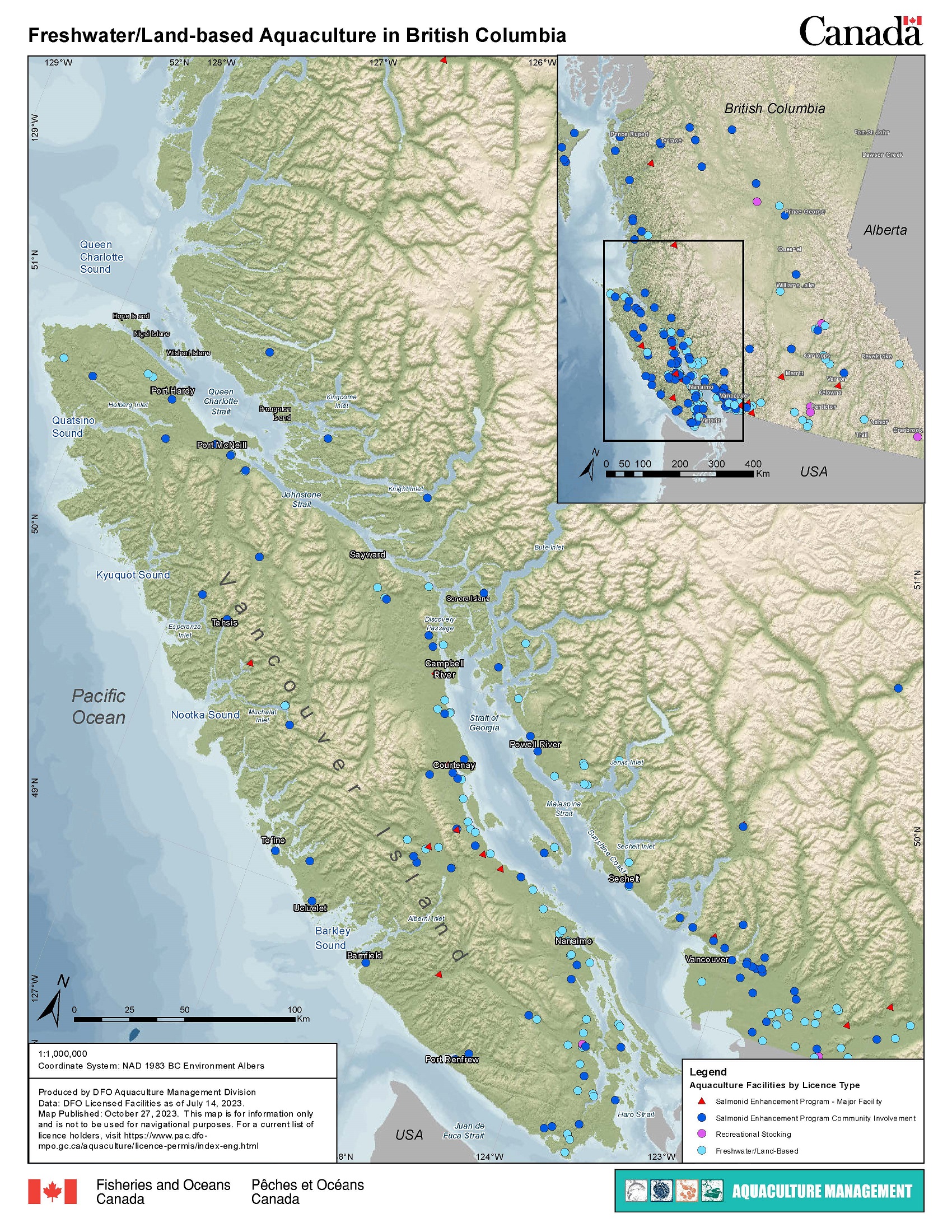 Map of 2020 Freshwater/Land-based Aquaculture in BC