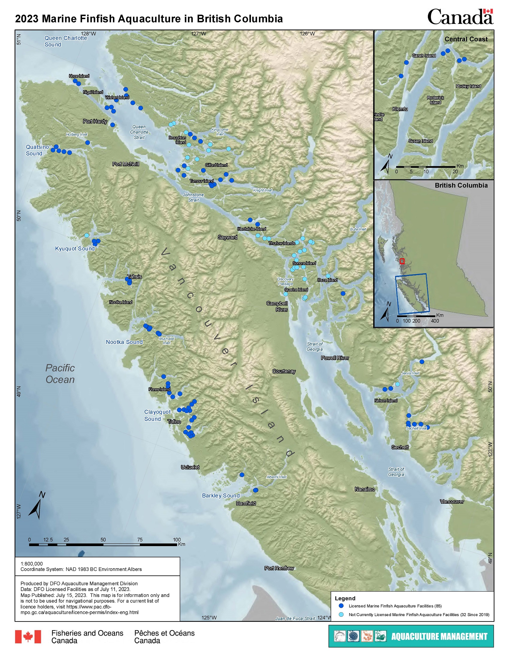 Map of 2020 Marine Finfish Aquaculture in BC