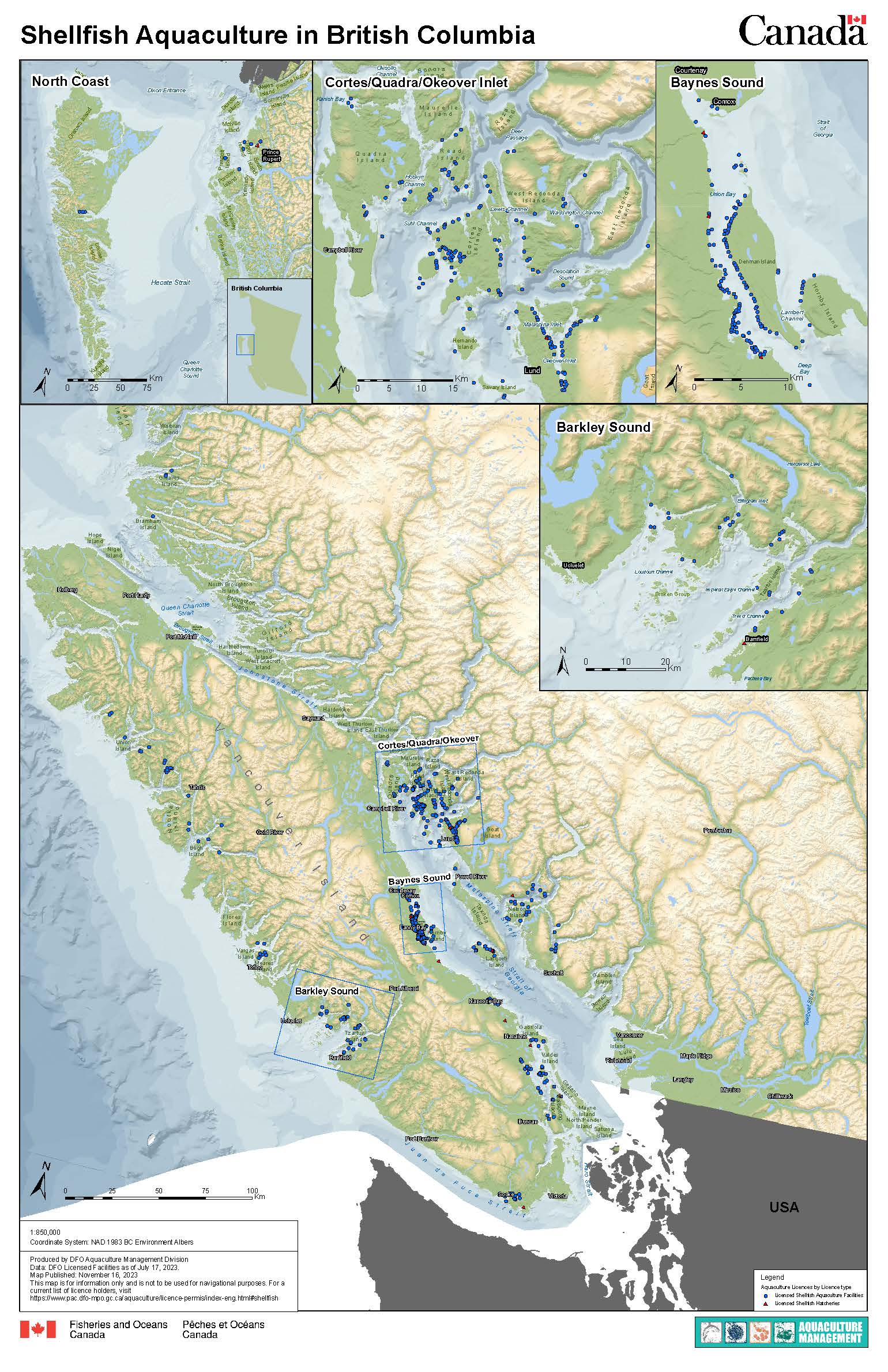 Map of  Shellfish Aquaculture in BC