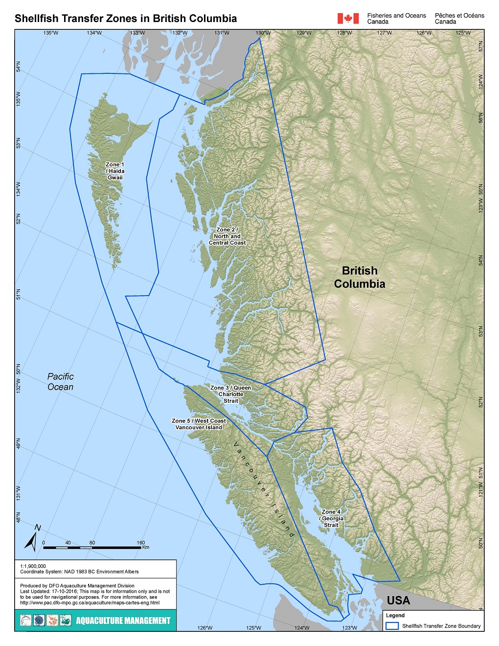 Map of Shellfish Transfer Zones in BC.