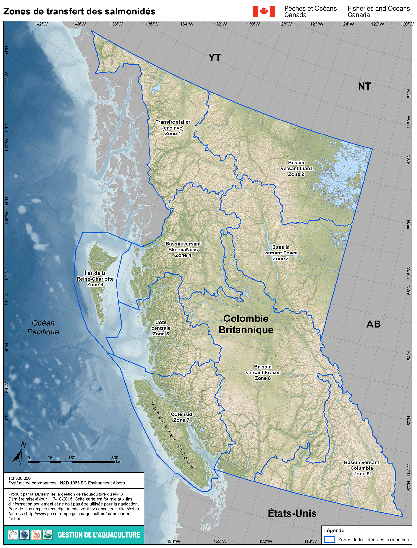 Carte: Zones de transfert des salmonidés; Zones de transfert des salmonidés
