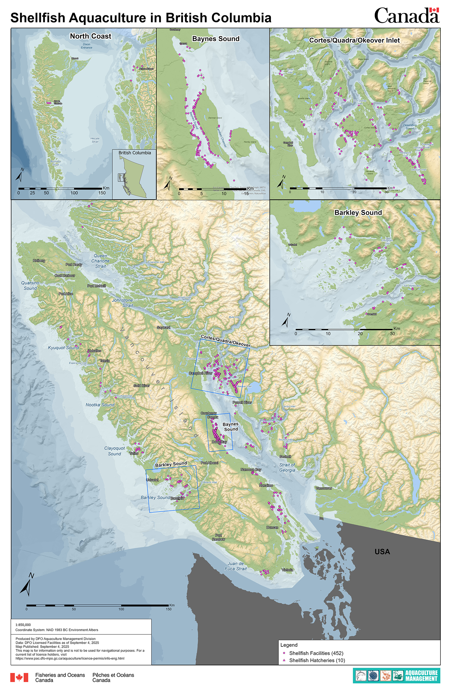 Map of shellfish aquaculture in BC