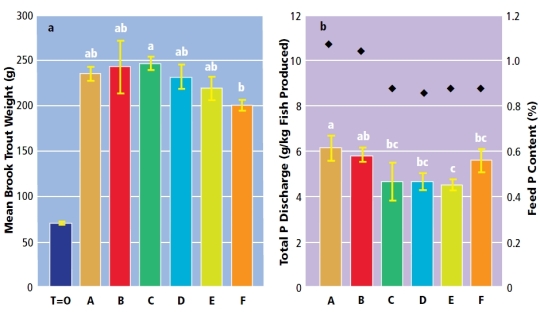 LARSA – a. Final mean weight of the brook trout after 112 days, and b. phosphorus discharge (bars) and content (•) according to the different experimental feeds (A to F) [The vertical error bars represent the standard error of the mean. Means that do not share the same letter are significantly different (P<0.05)].