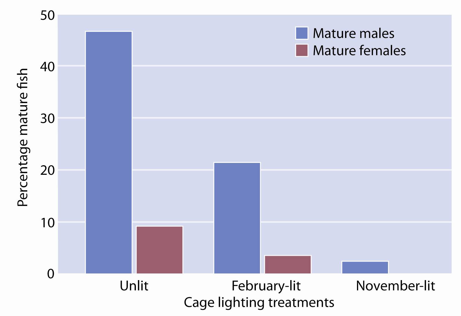Percentage of mature males and females in harvest samples from unlit, and lit cages on Site #2.
