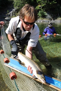 Corey Clarke with tagged returning Atlantic Salmon