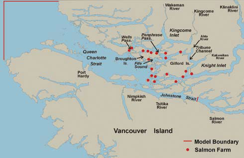 Figure 1. Site map of the Broughton Archipelago region showing principal rivers, waterways, islands and locations of salmon farms.