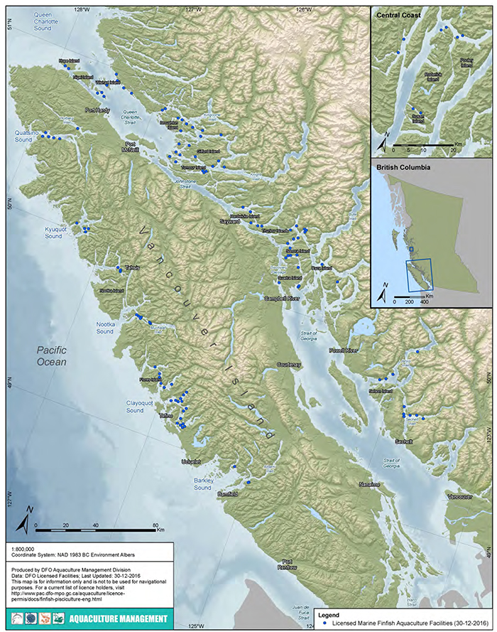 Map of 2016 Marine Finfish Aquaculture in British Columbia, showing Licensed Marine Finfish Aquaculture Facilities
