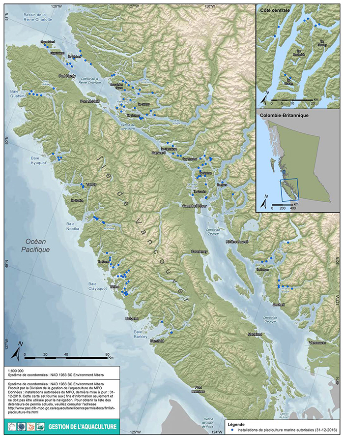 Figure 1 : Emplacement des installations de pisciculture marine en C.-B. (2016) 