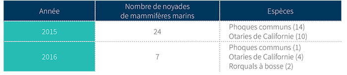 Tableau 5 : Rapport d’événement –Interactions avec les mammifères marins – Noyades 