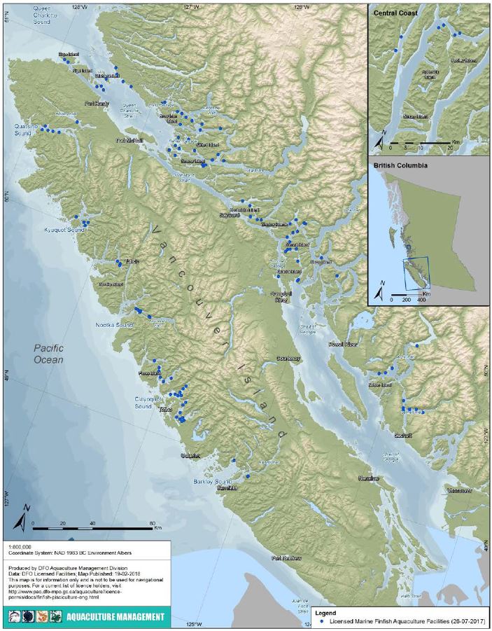 Map of 2017 Marine Finfish Aquaculture in British Columbia, showing Licensed Marine Finfish Aquaculture Facilities