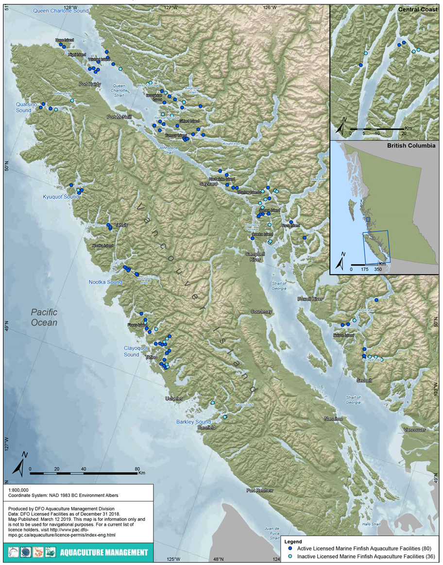 Map: 2018 active and inactive marine finfish aquaculture sites in British Columbia