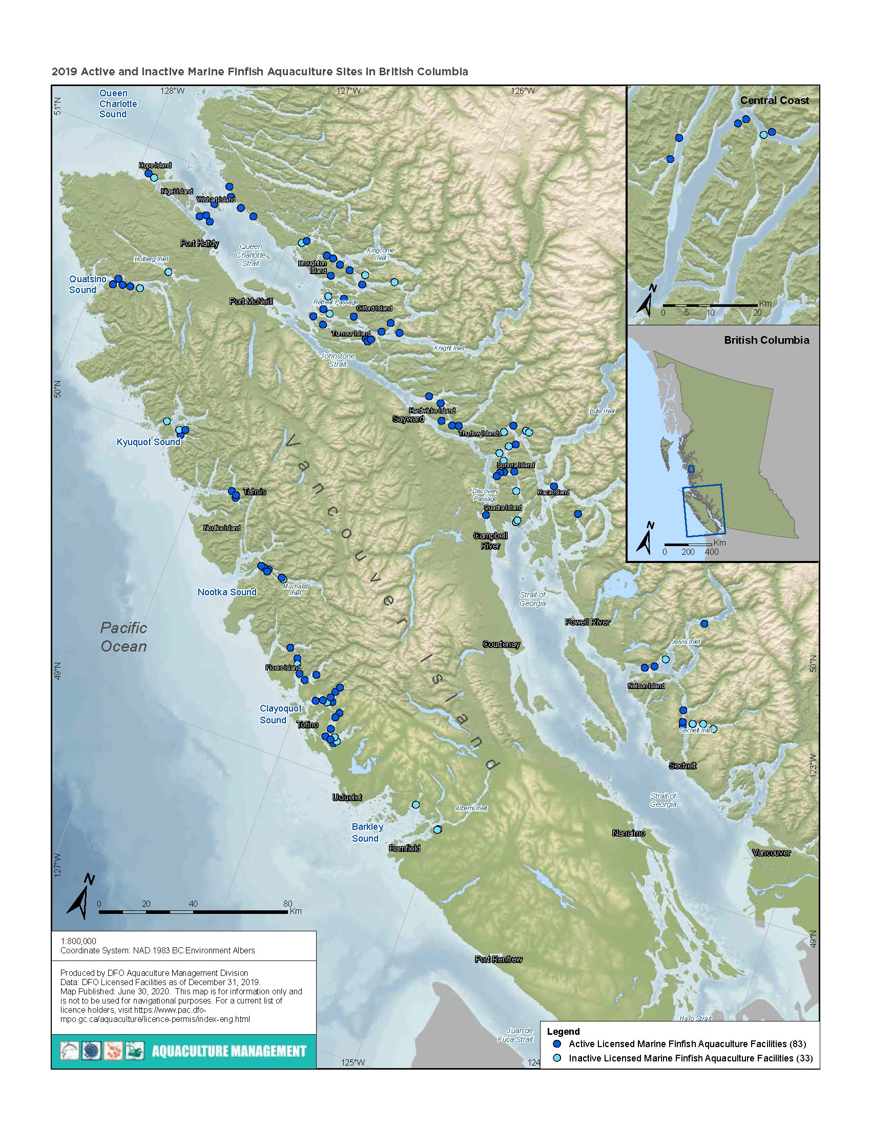 Map: 2019 active and inactive marine finfish aquaculture sites in British Columbia