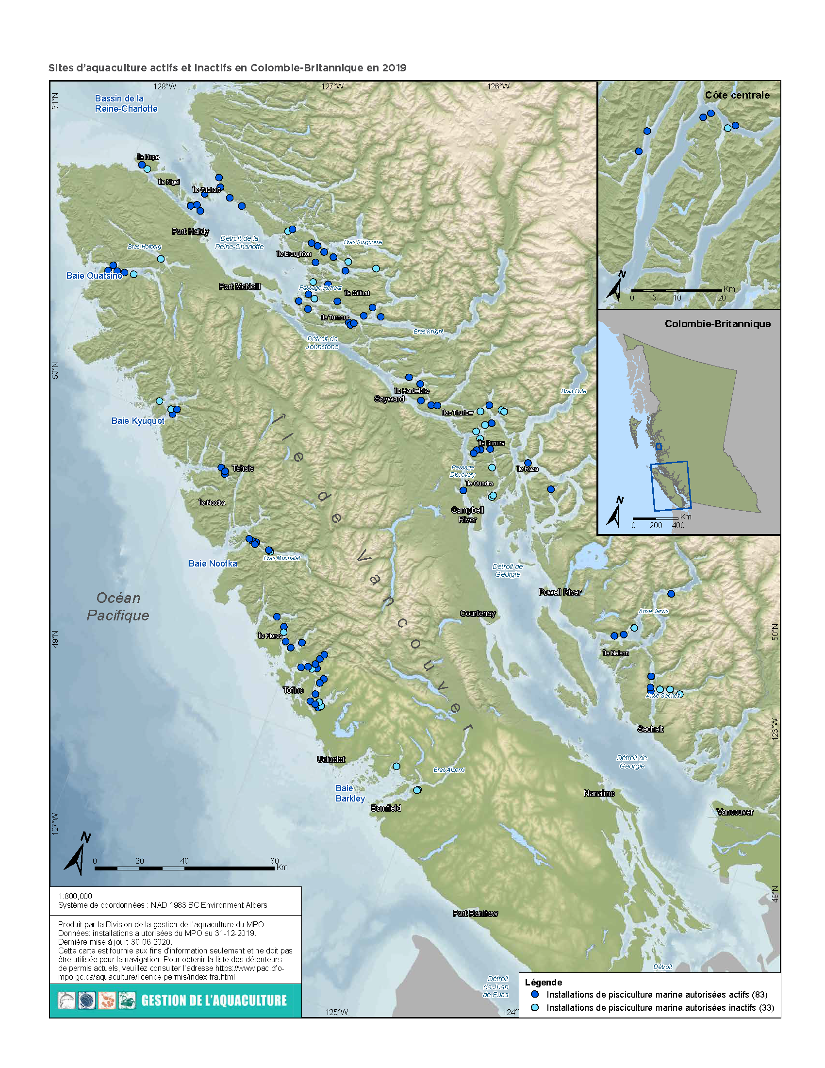 Sites d'aquaculture actifs et inactifs en Colombie-Britannique en 2019