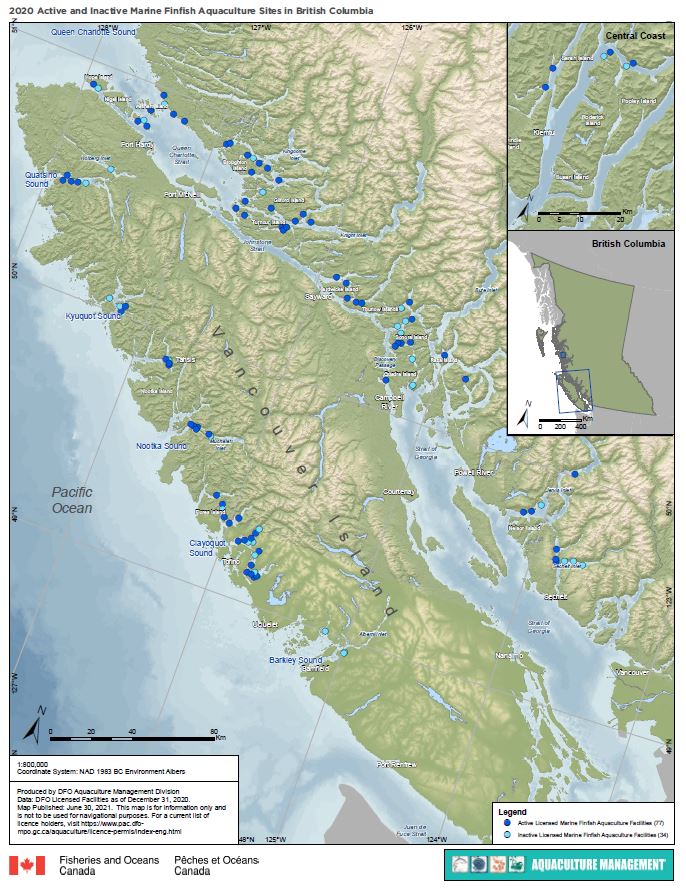 Map: 2020 active and inactive marine finfish aquaculture sites in British Columbia
