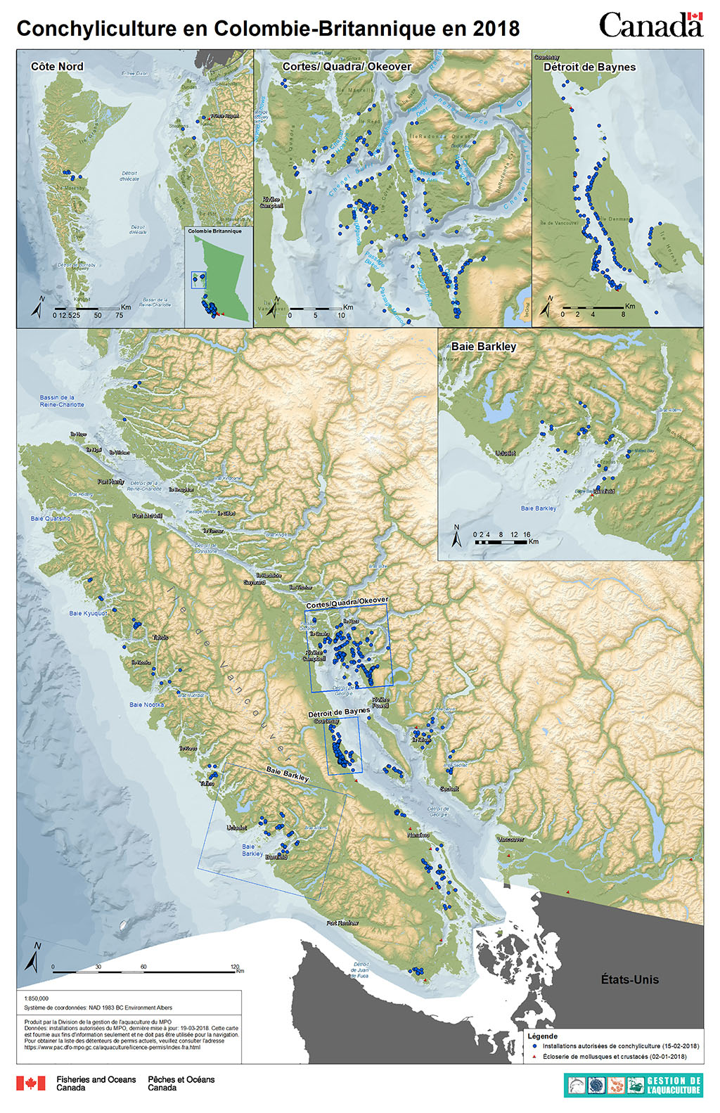 Illustration 2. Carte des installations aquacoles de la Colombie-Britannique, 2018 