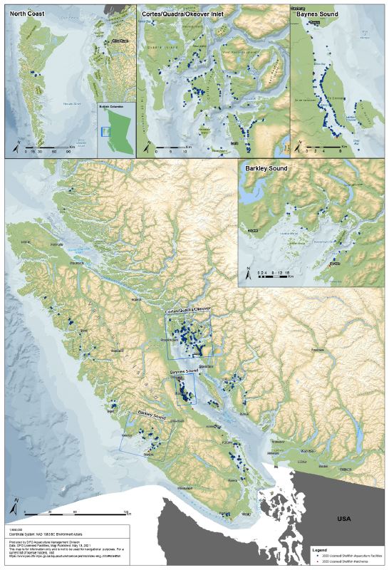 Map of shellfish aquaculture facilities in British Columbia, 2020