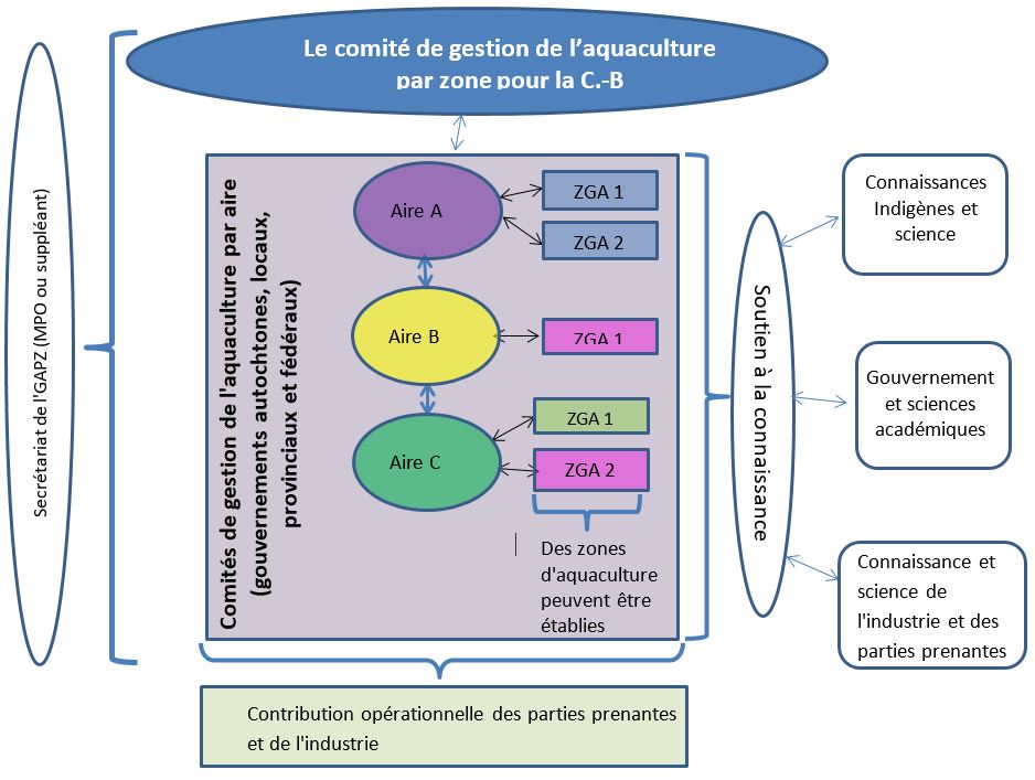 La figure 3 est un diagramme illustrant la structure de gouvernance proposée pour la gestion de l’aquaculture par zone en Colombie-Britannique, telle que décrite dans le texte.